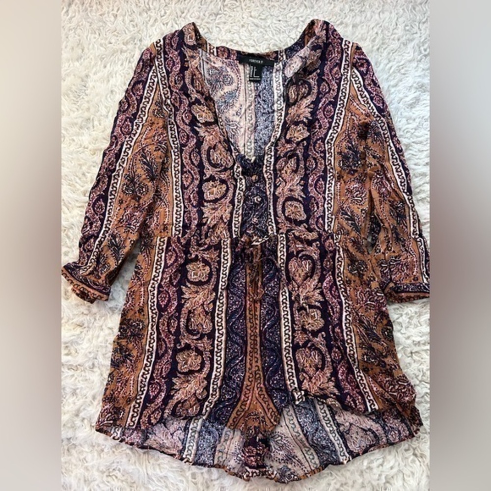 Forever 21 Romper Women's Size Small Blue Orange Aztec Paisley Print V Neck